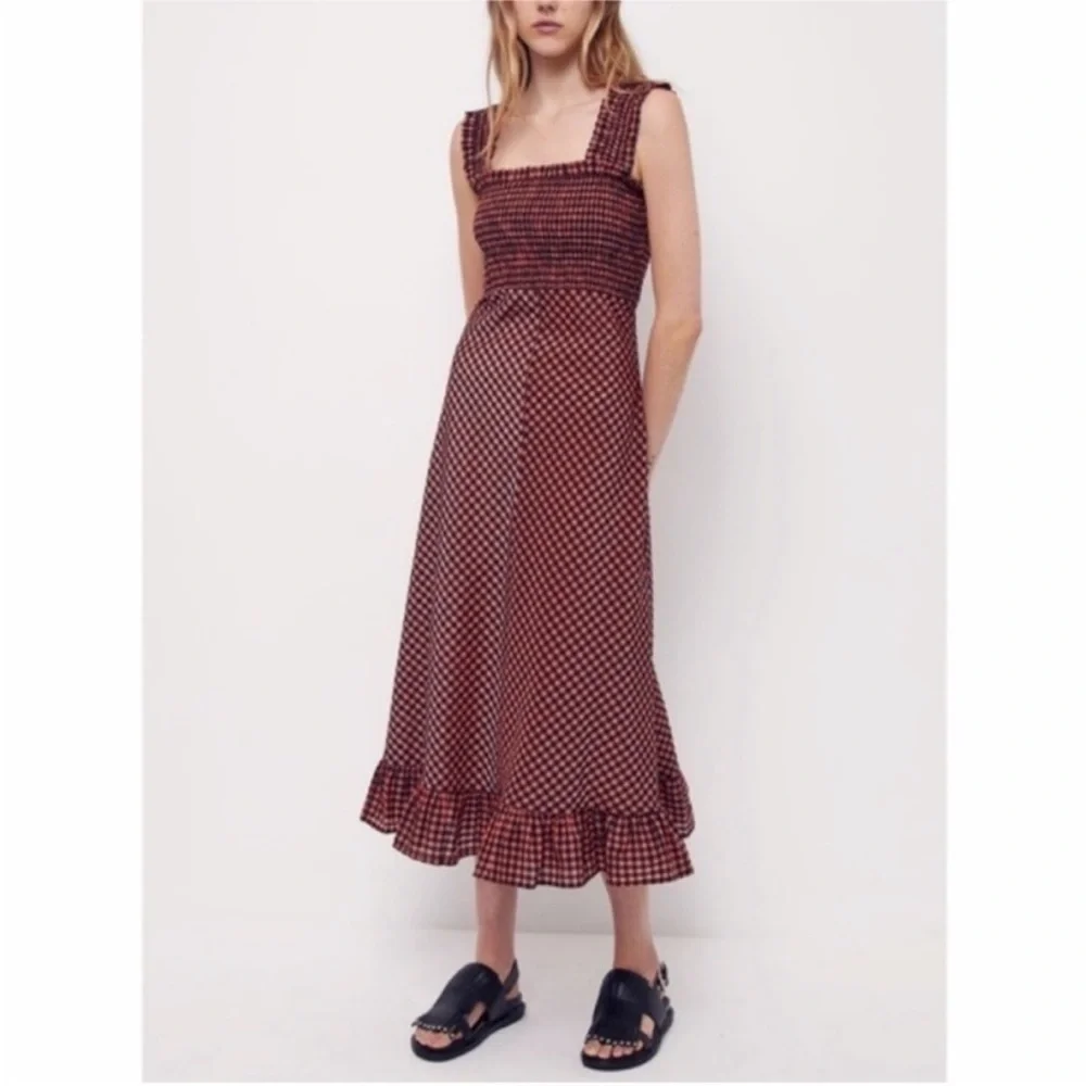 Ganni Dress Seersucker Midi Smocked in Flame Check Red